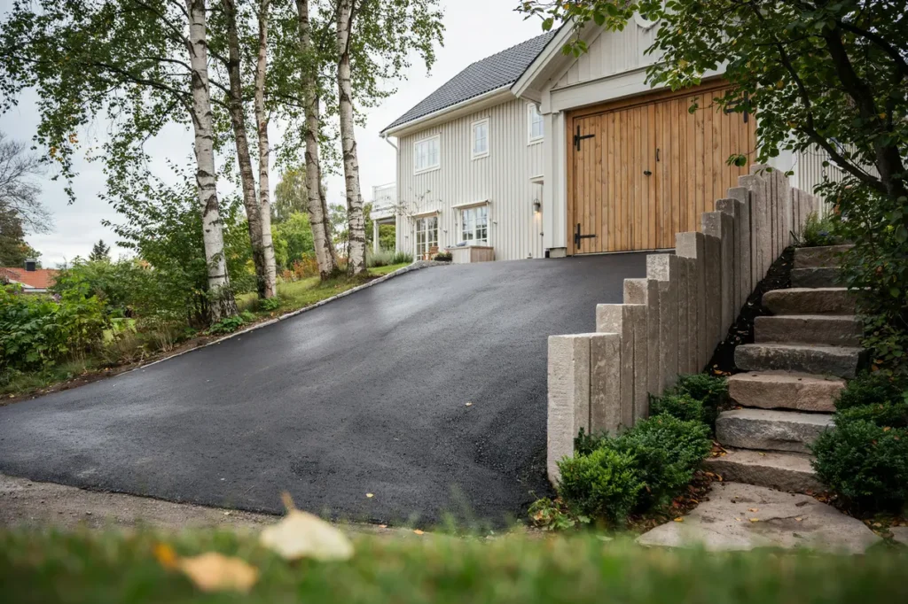 asfaltera garagenedfart med st dmur och trappa att t nka p