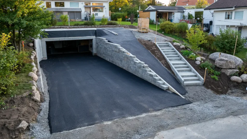 omasfaltering av garagenedfart med st dmur i edsberg sollentuna